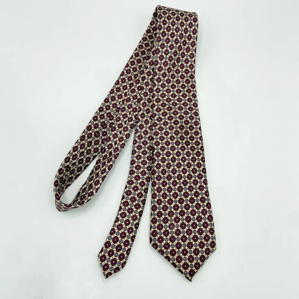 Oscar De La Renta Silk‎ Necktie Geometric Foulard Burgundy Beige